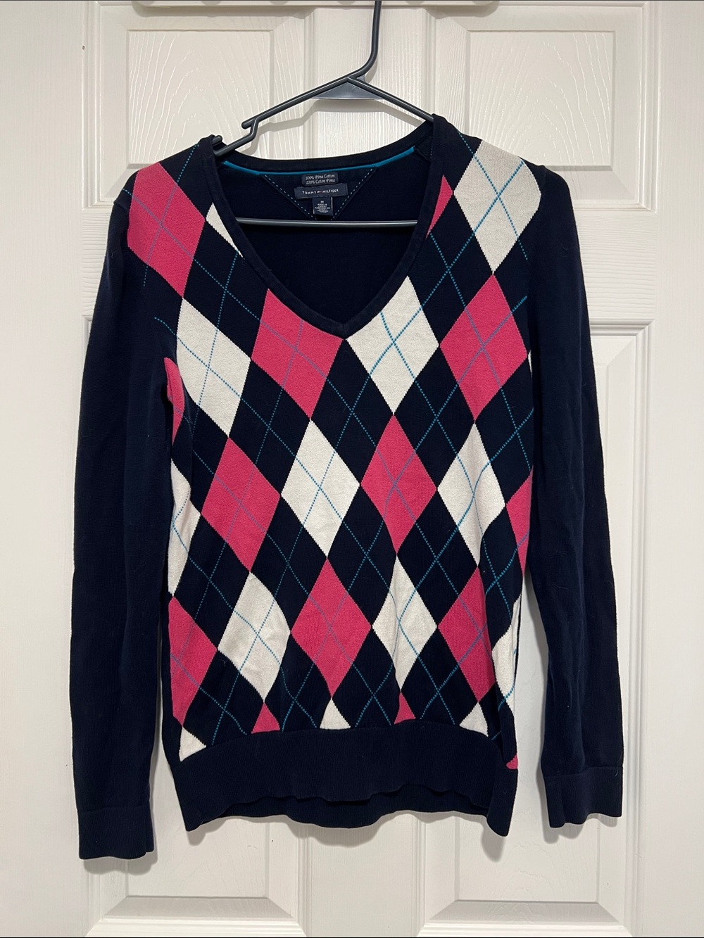 Tommy Hilfiger Women's Navy V-Neck Argyle Sweater with Pink & Cream Diamonds